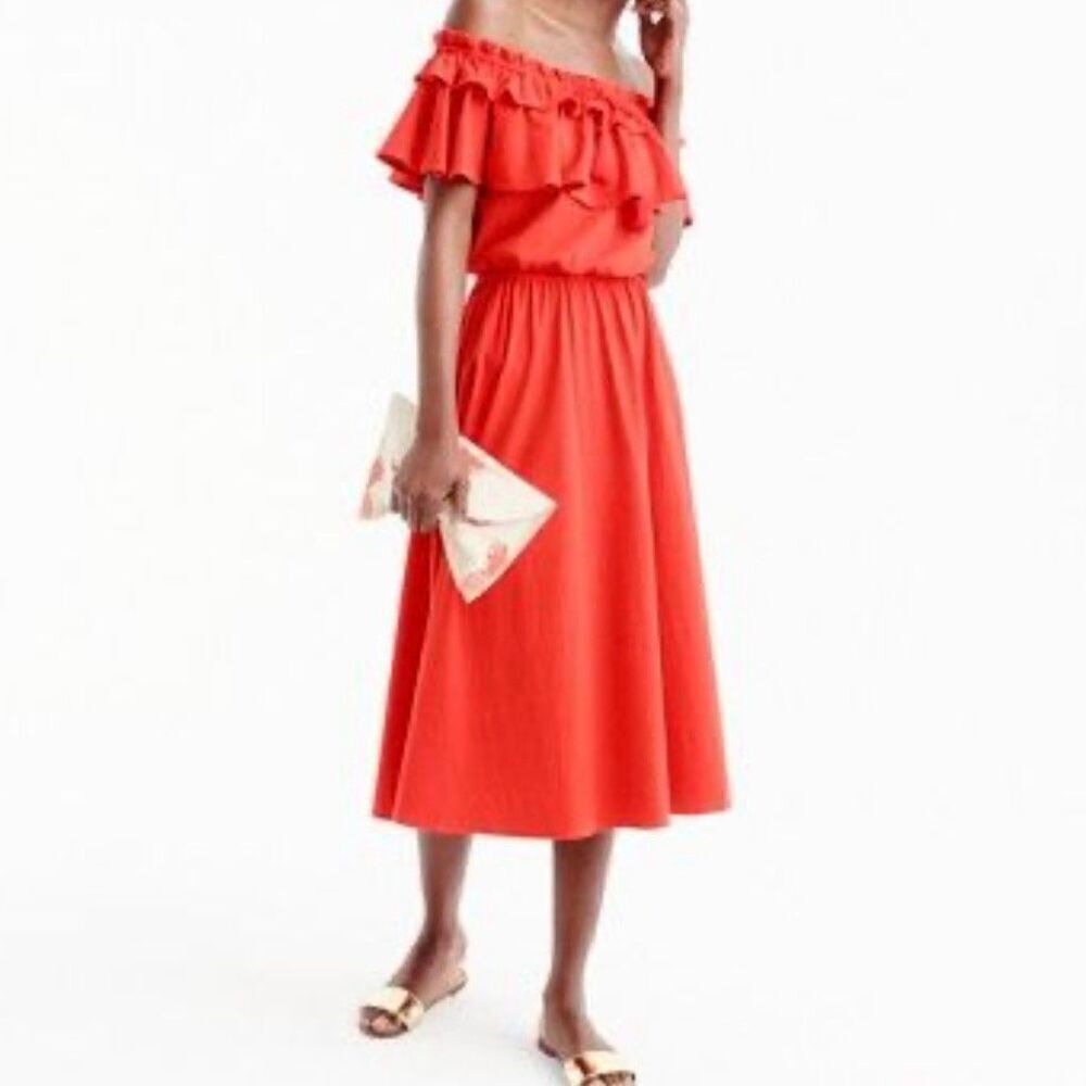J.crew red orange jersey ruffle neck off shoulder midi dress M